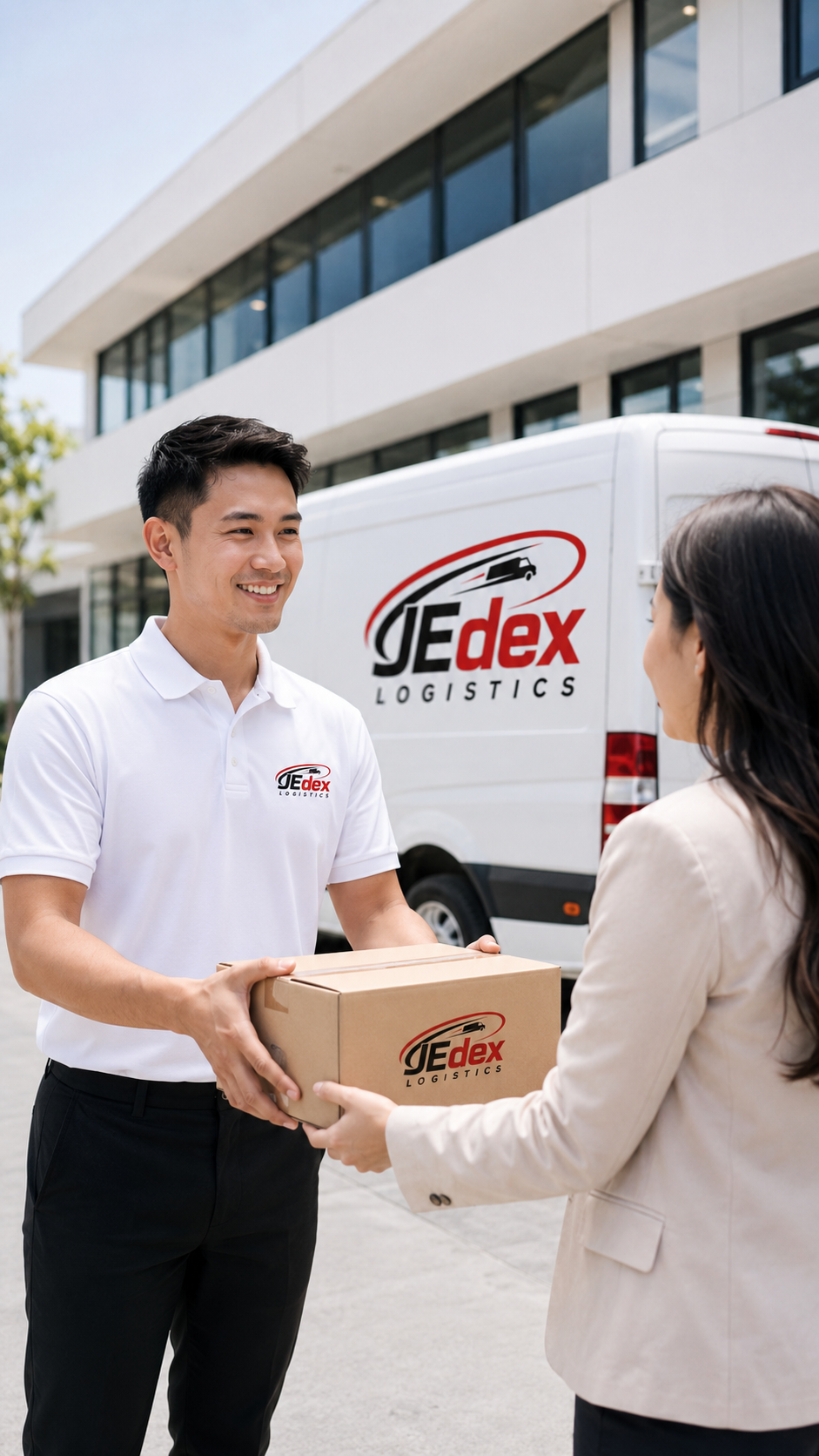 Jedex courier handing a package to a customer